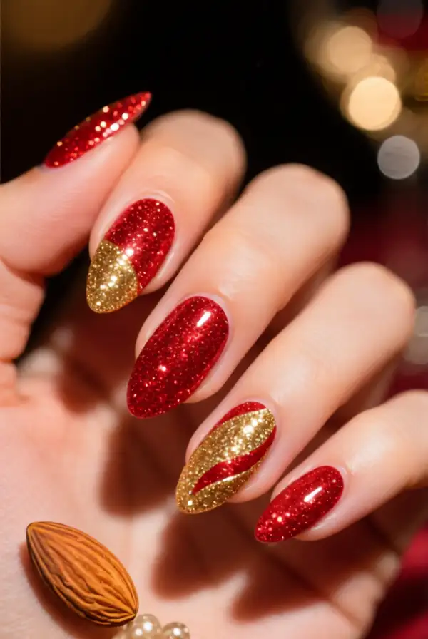 Glitter and Glam Almond Shaped Nails for Valentine’s