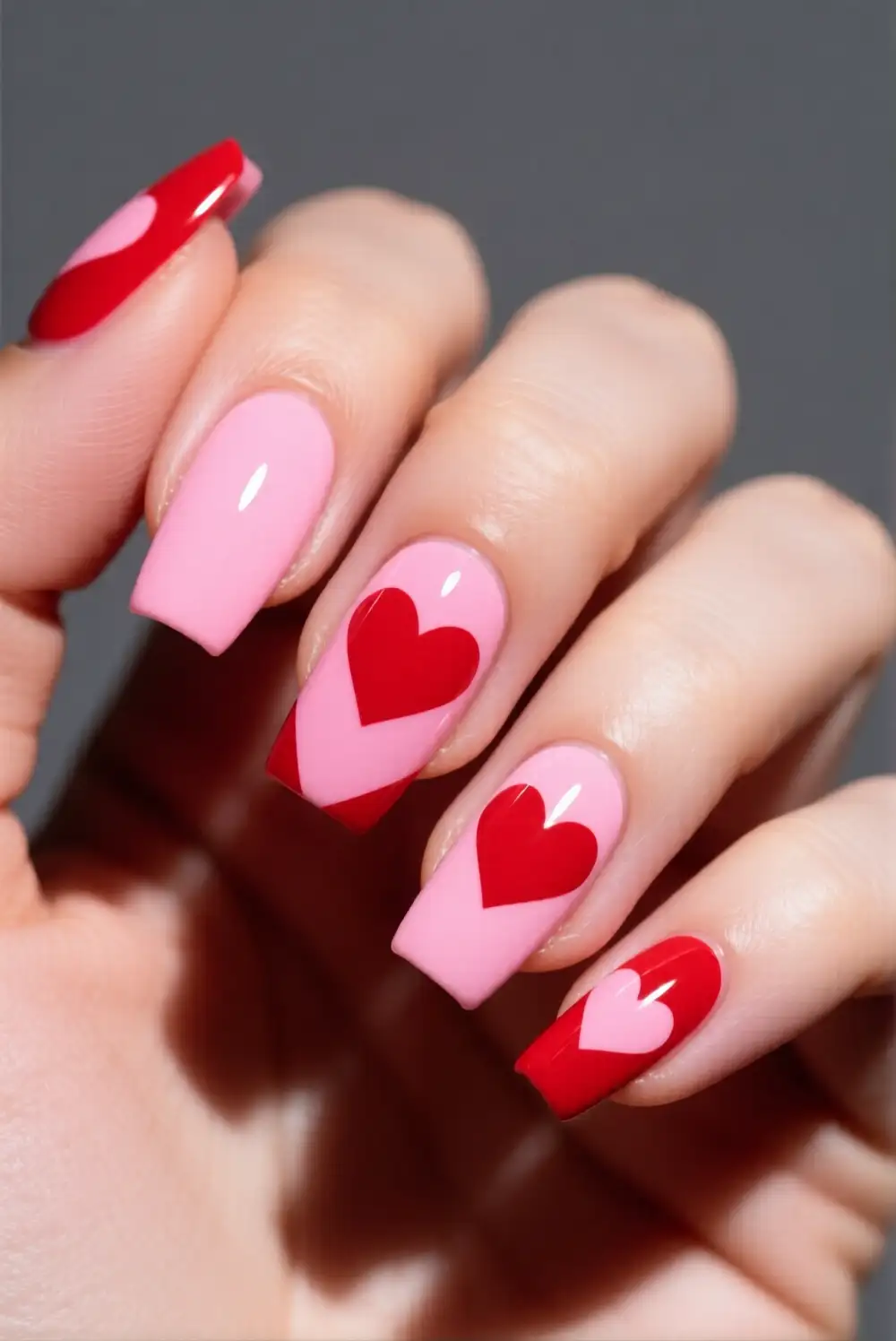 Pink And Red Color Block Nails