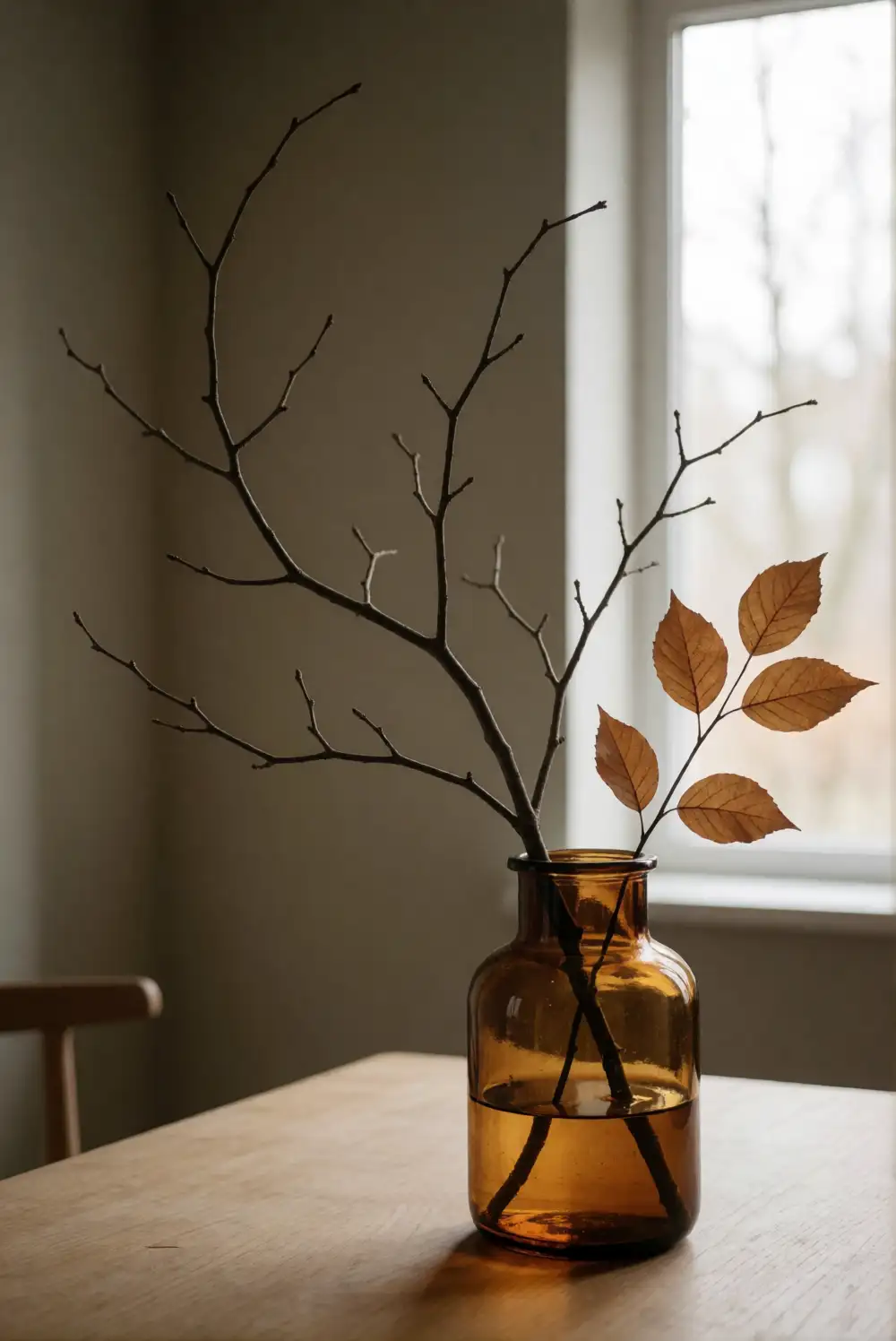 A Branch Arrangement in an Amber Glass Vase