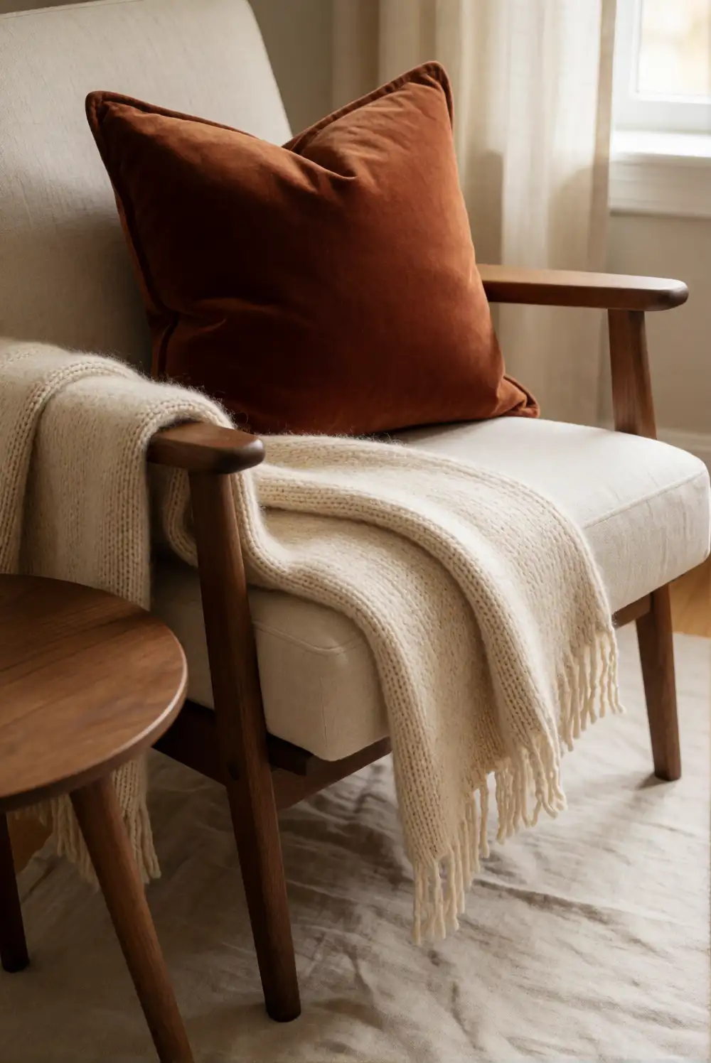 A Cozy Chair with a Pumpkin Pillow