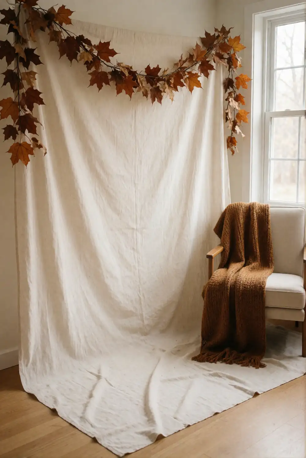 A Friendsgiving Photo Corner with a Dried Leaf Backdrop