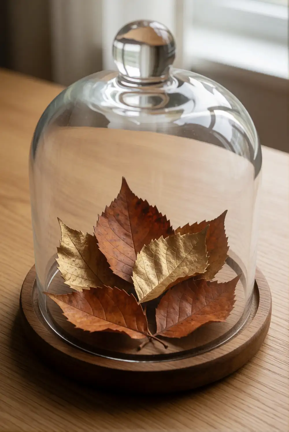 A Layered Leaf Display Under a Glass Cloche