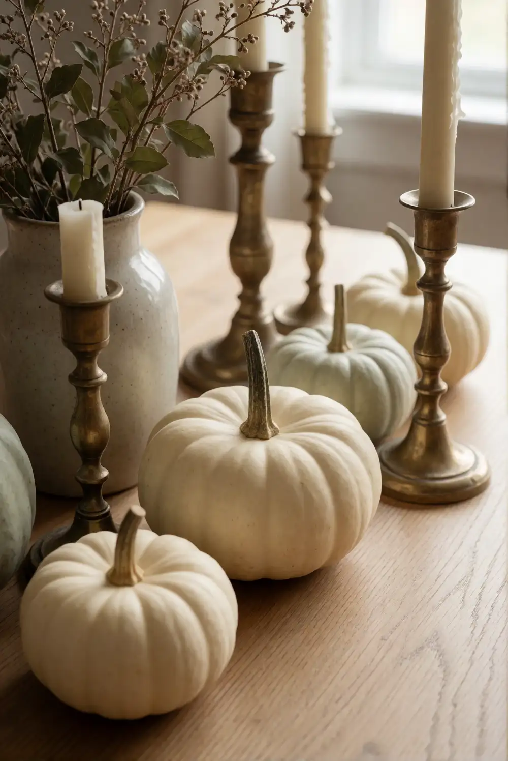 A Neutral Pumpkin Mantel with Layered Candlesticks