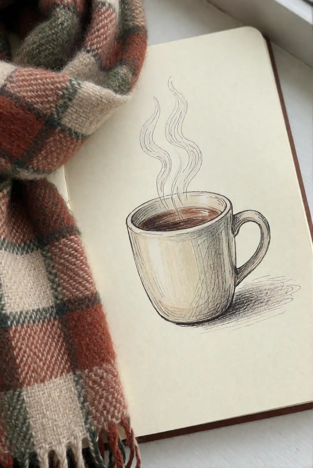 A Plaid Scarf Beside a Warm Cup of Tea