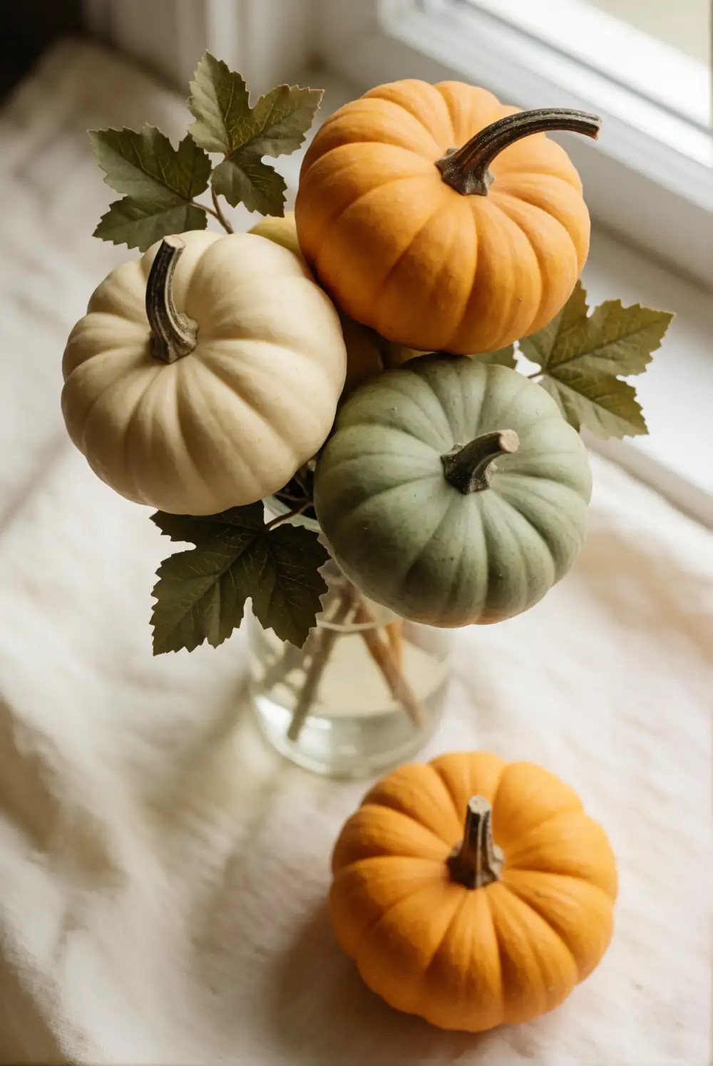 A Pumpkin and Foliage Windowsill Display