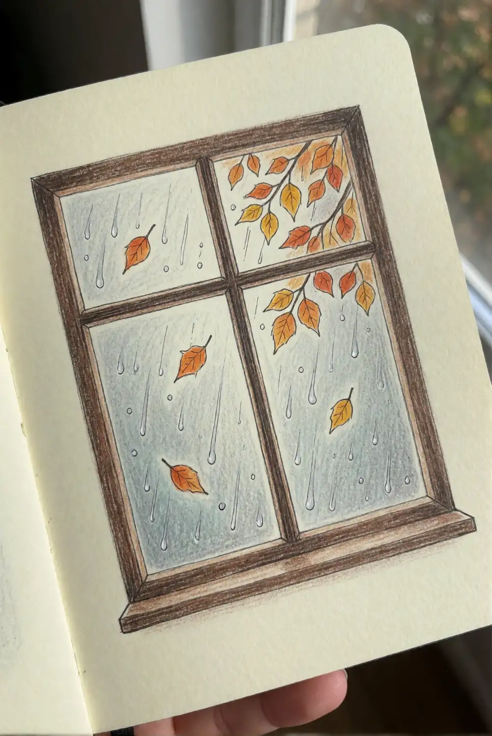 A Rainy Autumn Window with Falling Leaves