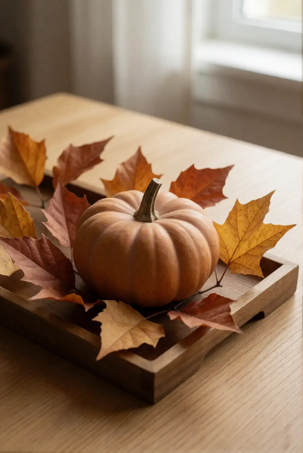 A Small Pumpkin and Leaf Tray Arrangement