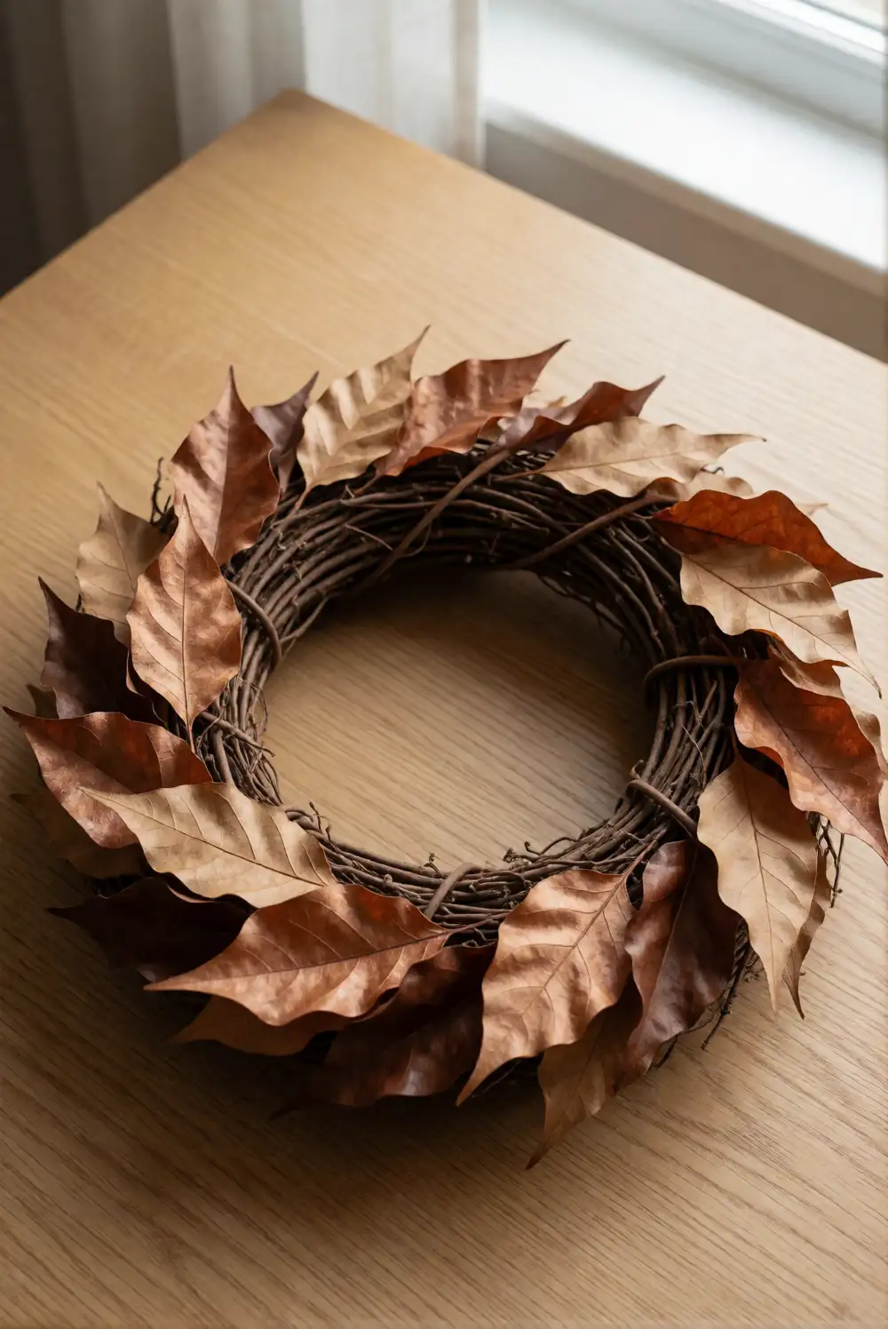A Twig Wreath with Layered Autumn Leaves