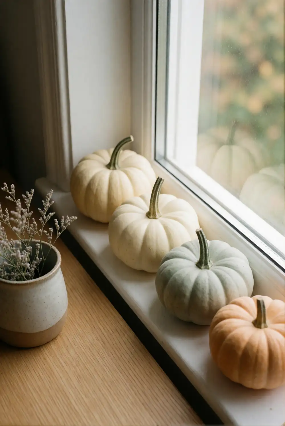 A Window Sill Display with Mini Pumpkins