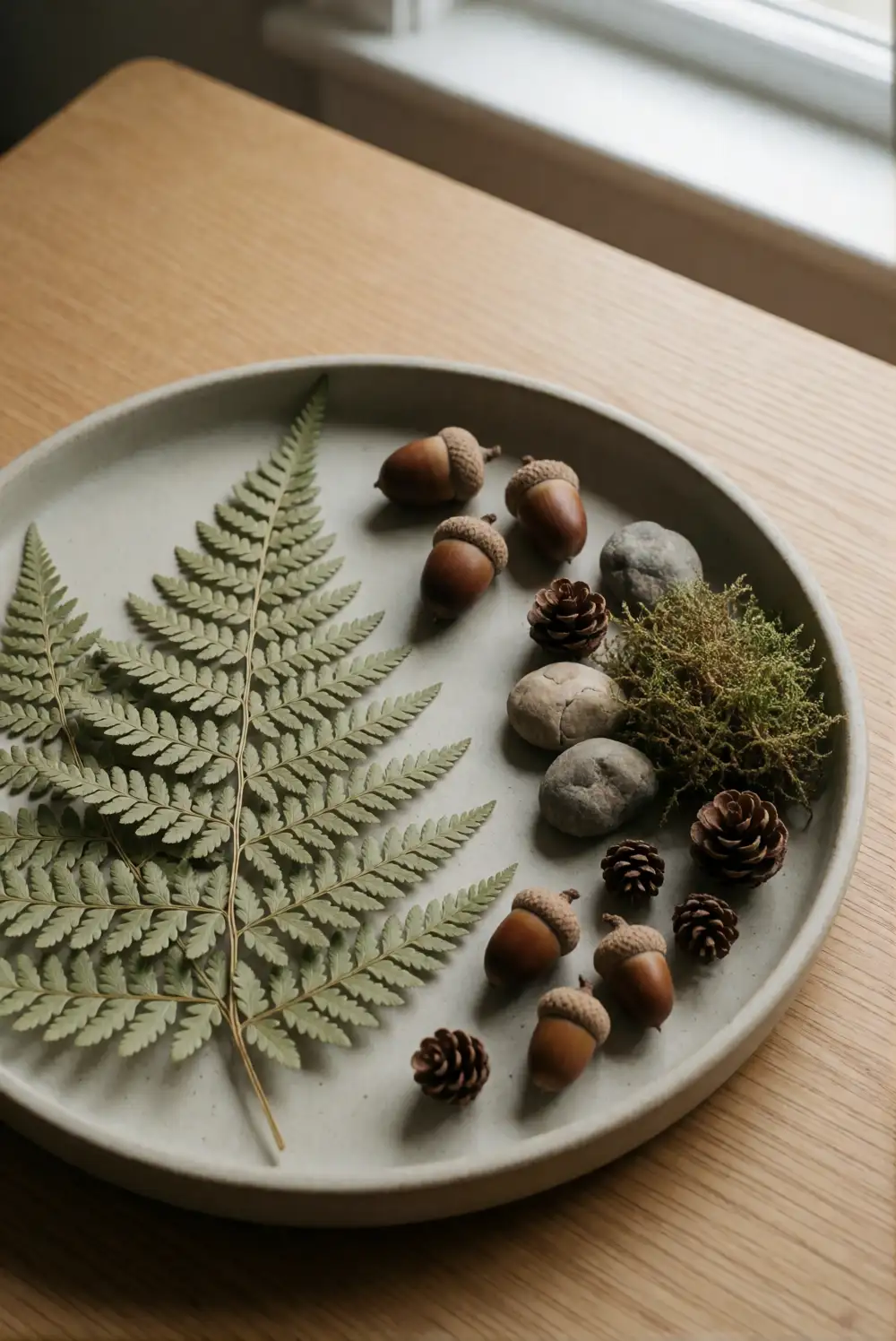 A Woodland Tray with Acorns and Dried Ferns