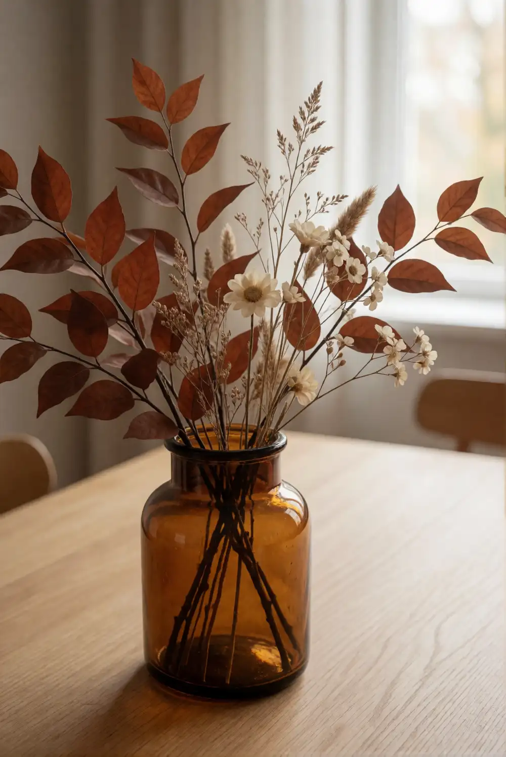 An Amber Glass Vase Filled with Autumn Foliage
