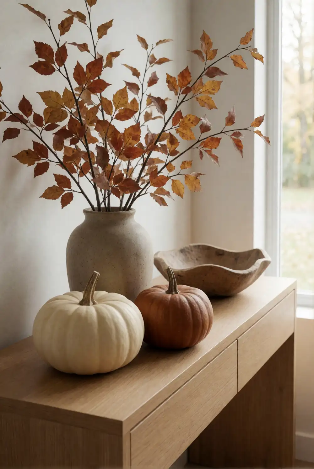 An Autumn Entryway Arrangement with Branches and Pumpkins
