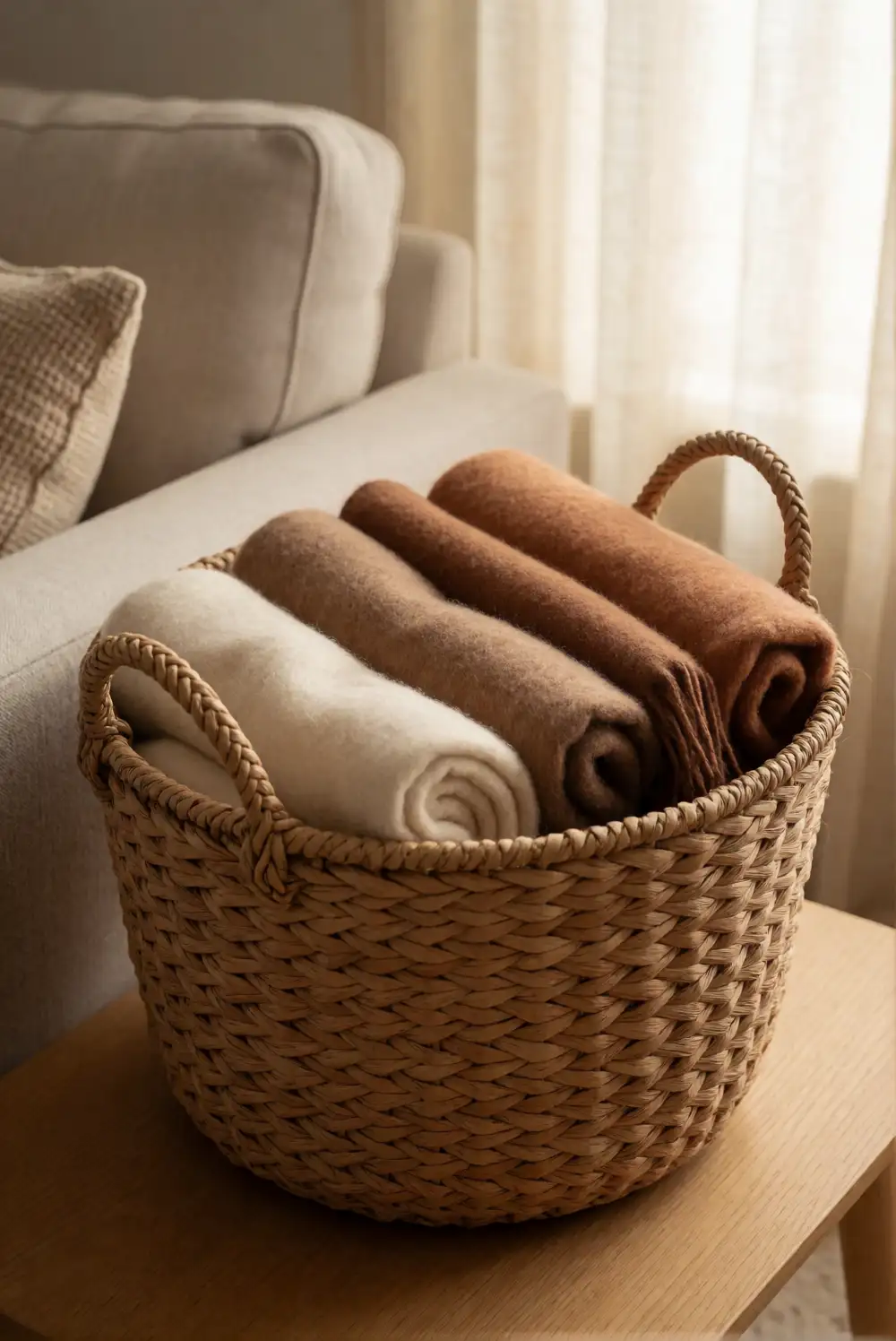 Arrange a Basket of Soft Throws Beside the Sofa