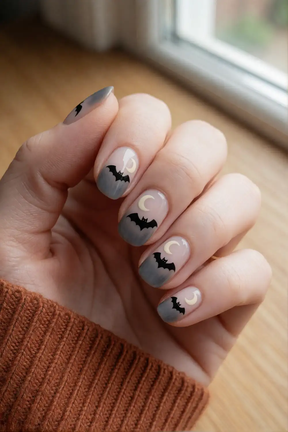 Bat Silhouettes on Moonlit Nails