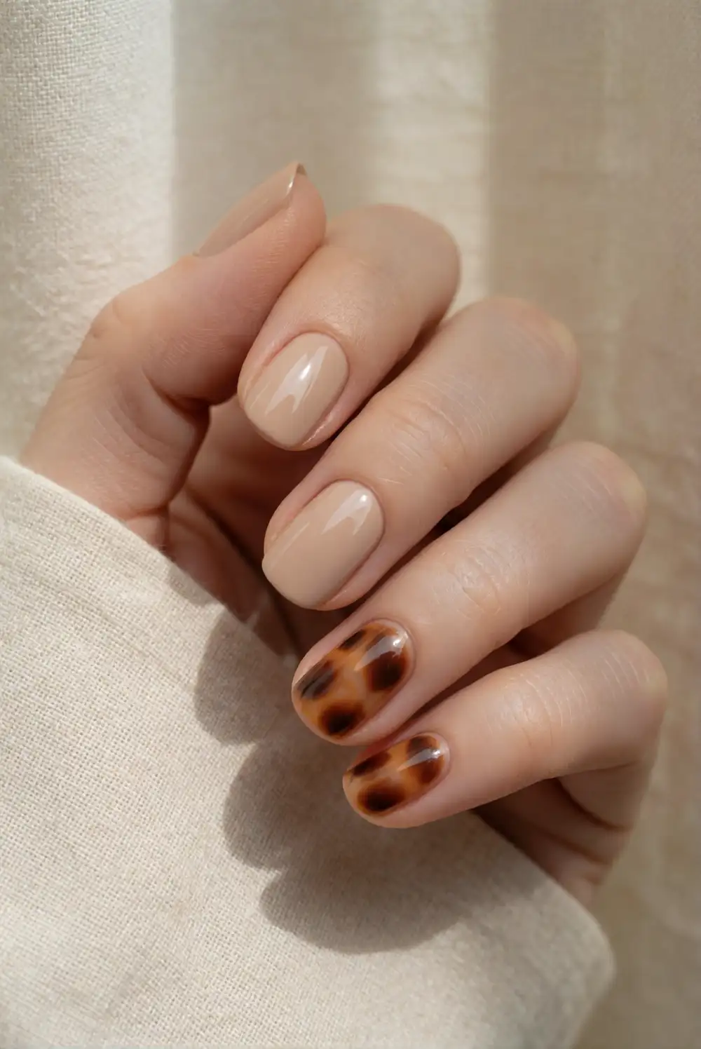 Beige Nails With Tortoiseshell Accent Details