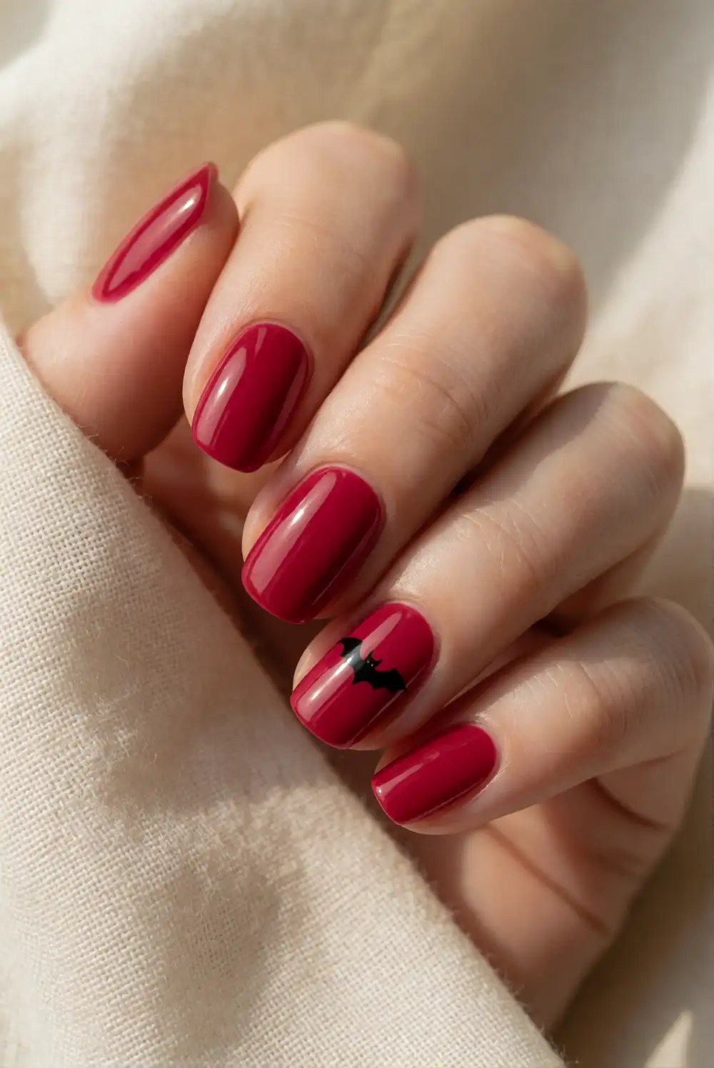 Berry Red Nails With Tiny Bats