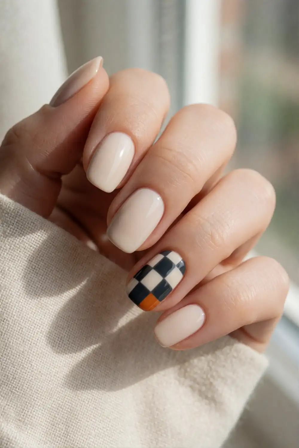Black and Cream Checkerboard Accent Nails