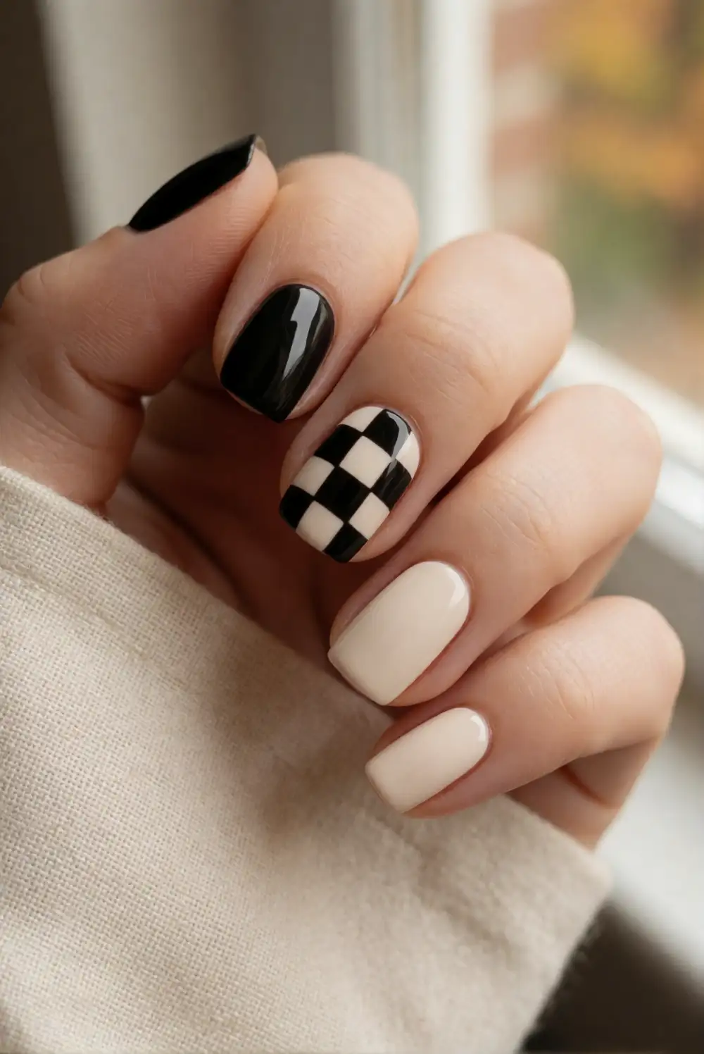 Black and Cream Checkerboard Nails