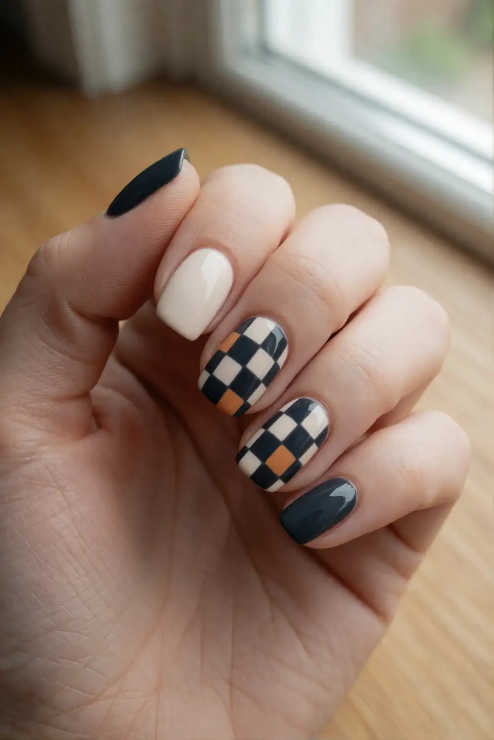 Black and Cream Checkerboard Nails
