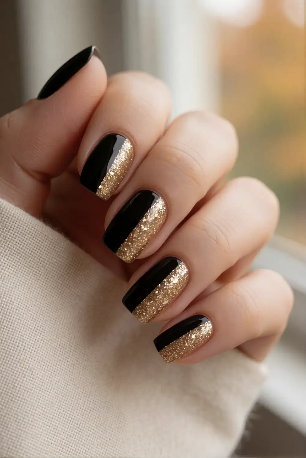 Black and Gold Glitter Color Block Nails