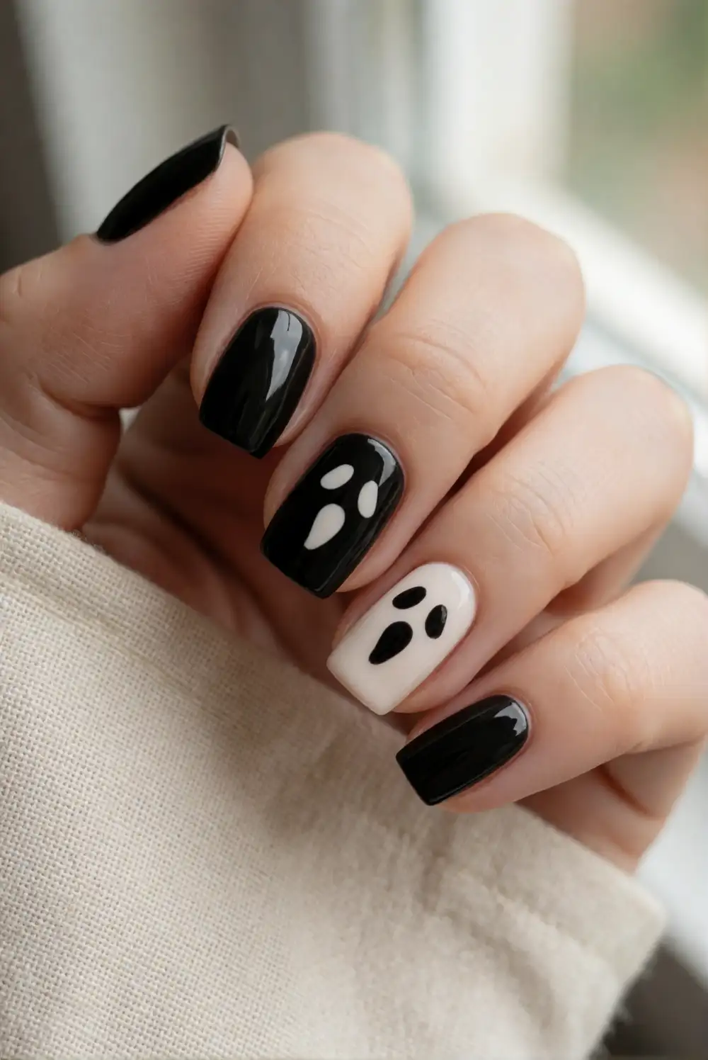 Black And Ivory Ghost Face Accent Nails