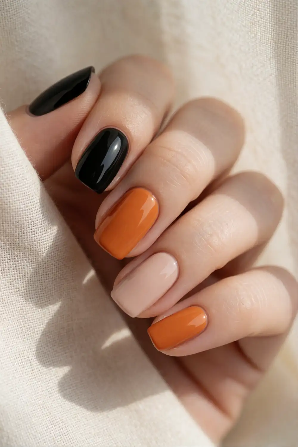 Black and Orange Color-Block Nails