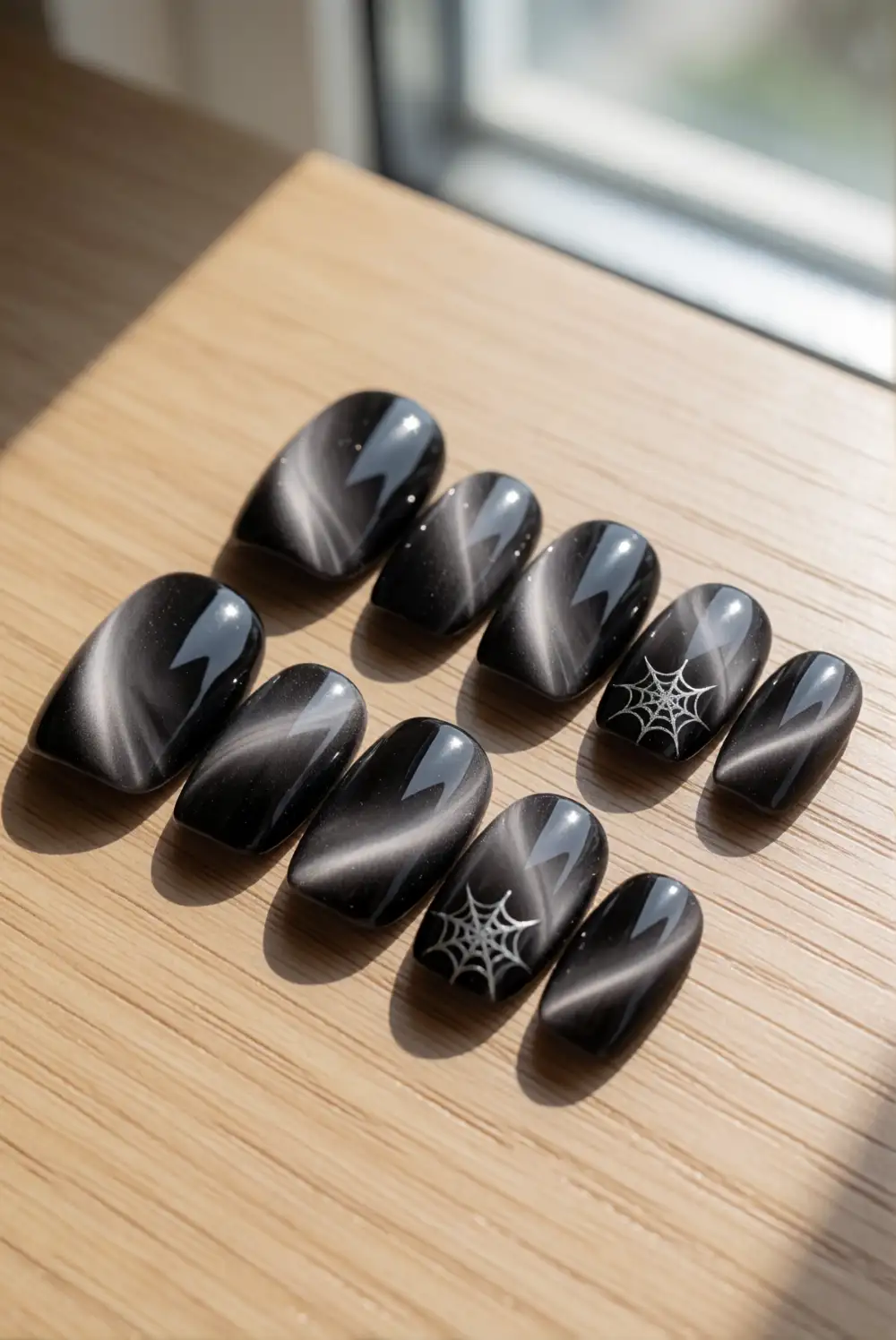 Black Cat-Eye Polish With Web Details