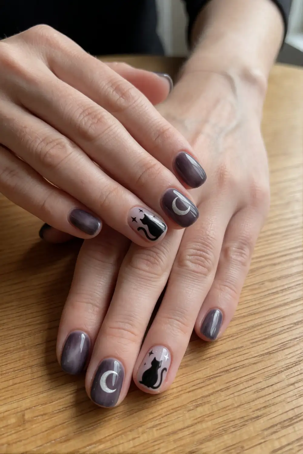 Black Cat Moon Accent Nails