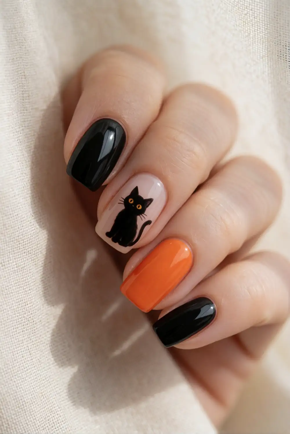 Black Cat Silhouette Accent Nails