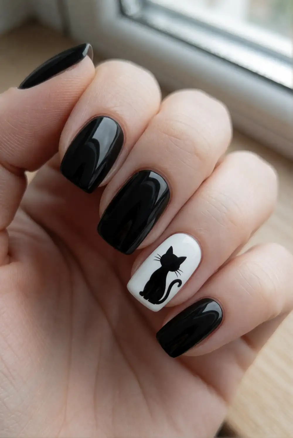 Black Cat Silhouettes on White Nails