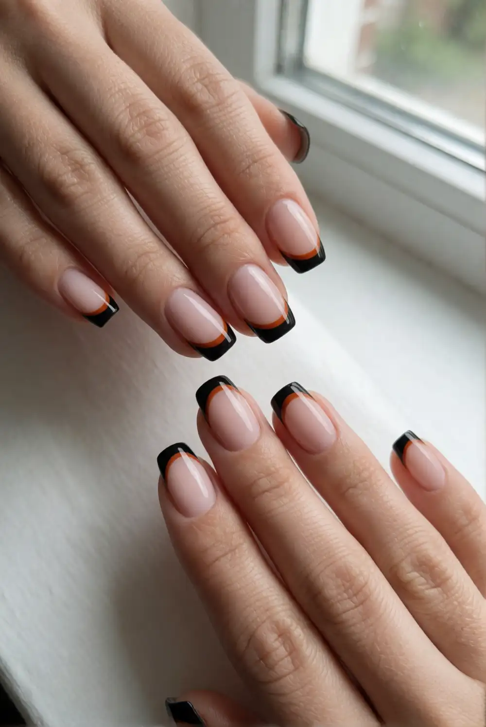 Black French Tips With Orange Cores