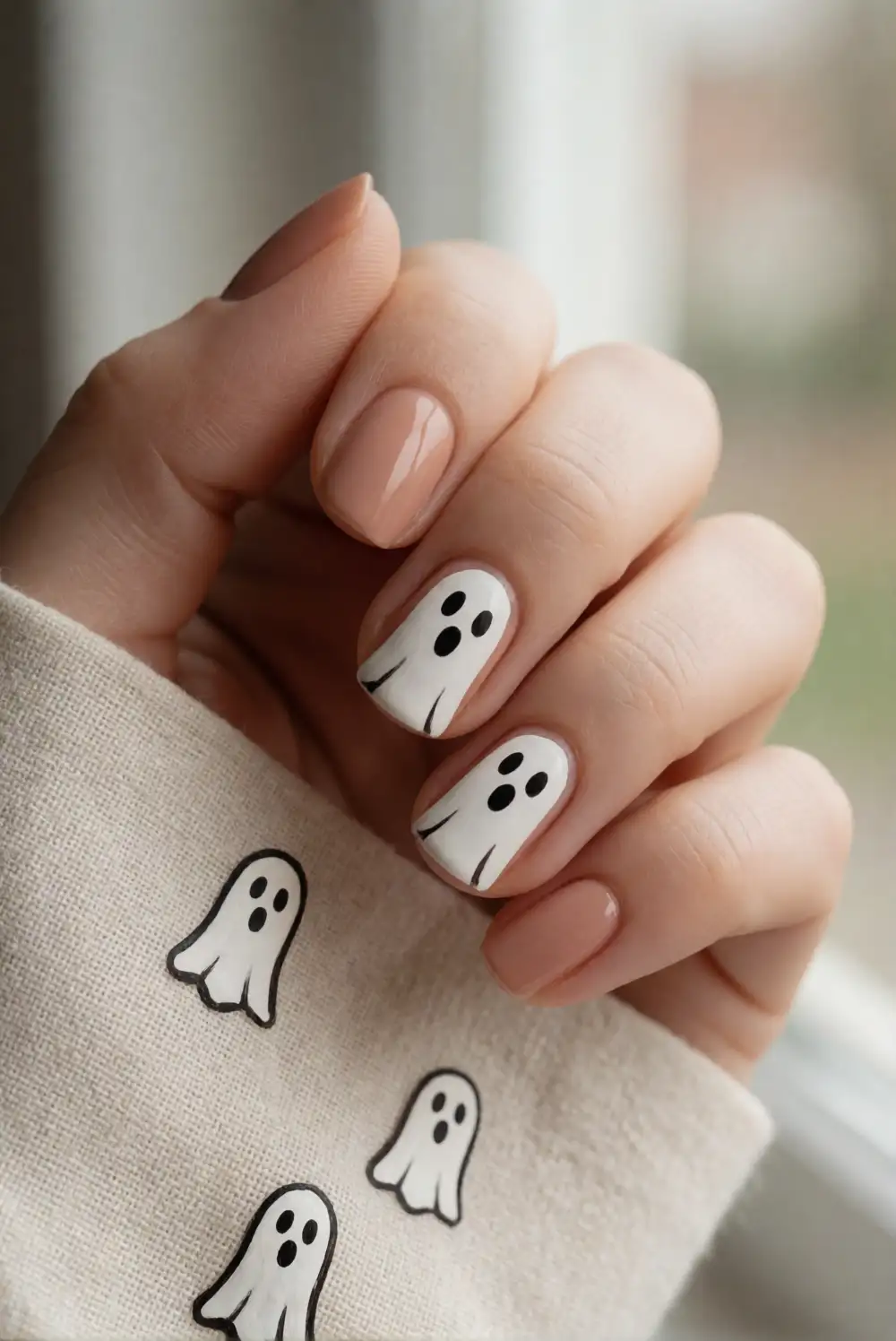 Black Ghost Faces on Nude Nails