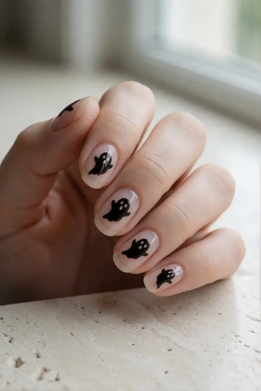 Black Ghost Silhouettes on Bare Nails