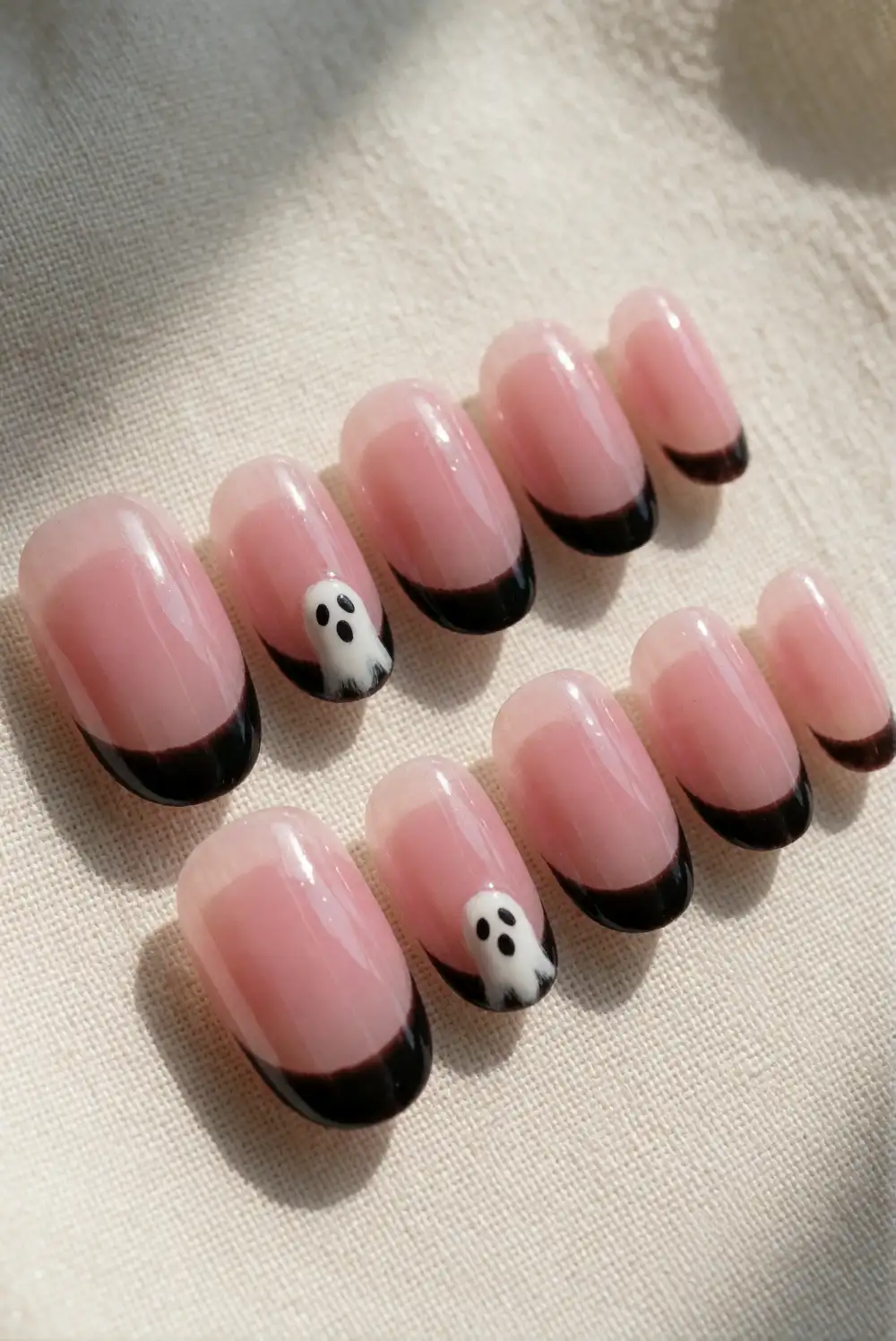 Black Micro-Tip Nails with White Ghosts