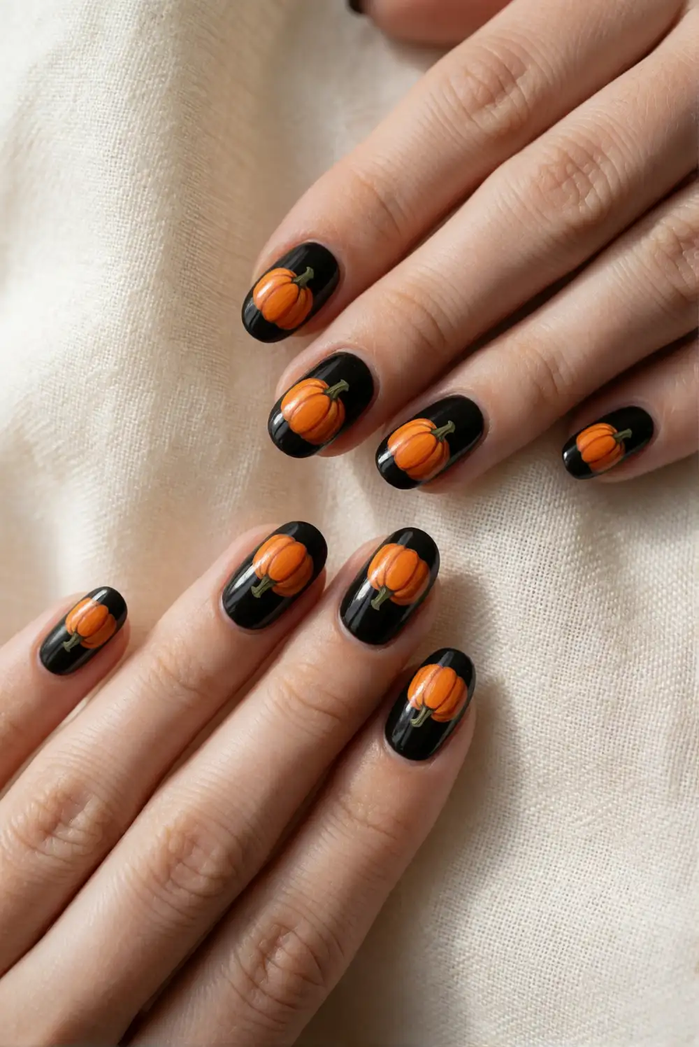 Black Nails With Pumpkin Accents