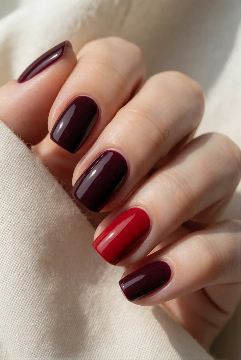 Burgundy and Red Color-Block Nails