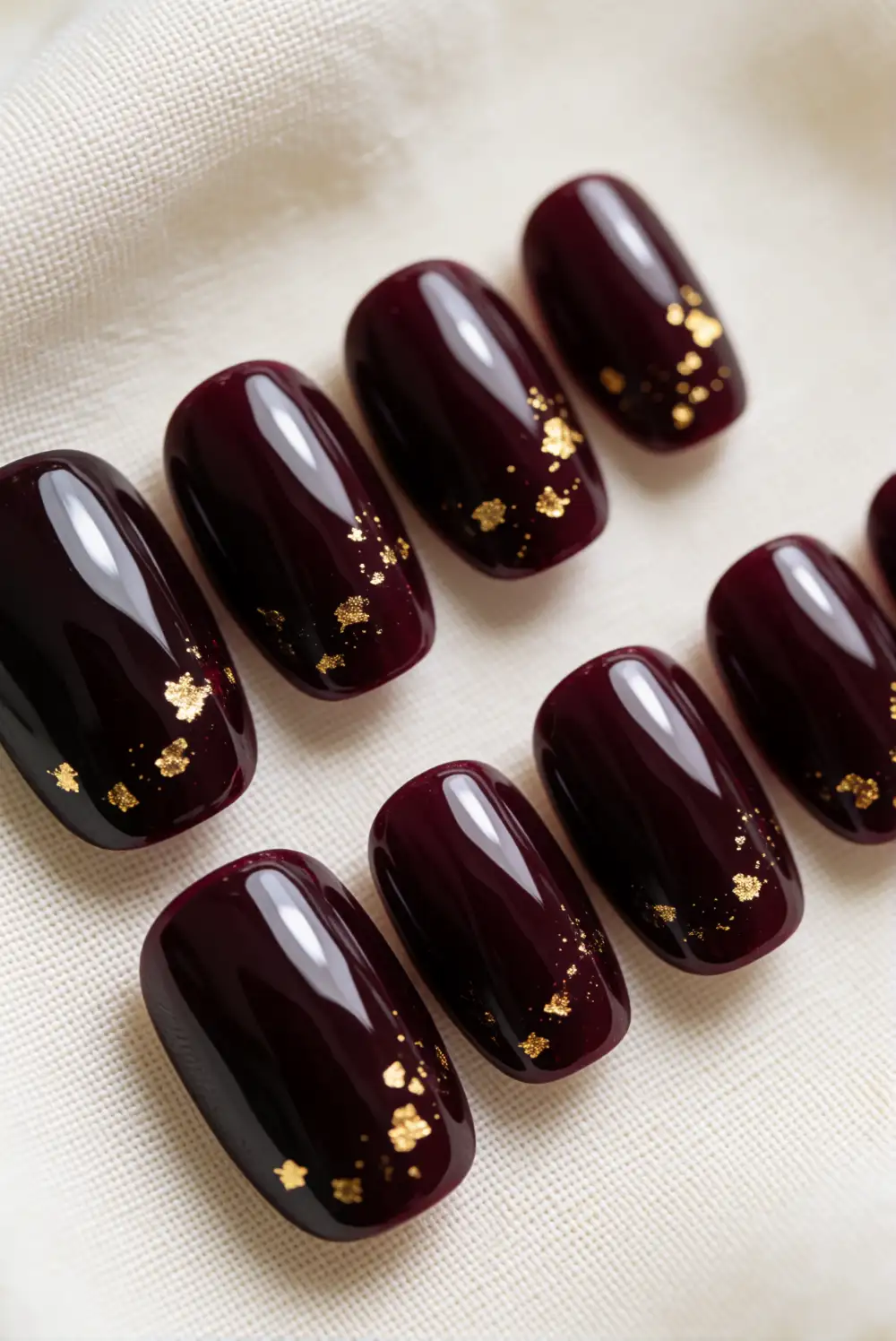 Burgundy Nails with Gold Foil Flecks