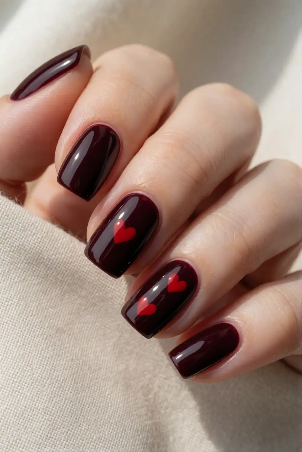 Burgundy Nails with Tiny Red Hearts