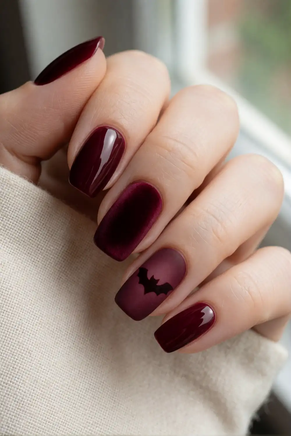Burgundy Velvet Bat Nails