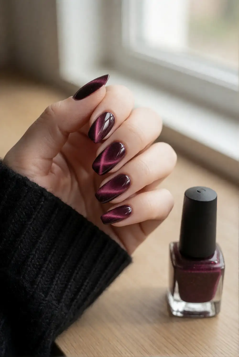 Burgundy Velvet Cat-Eye Nails