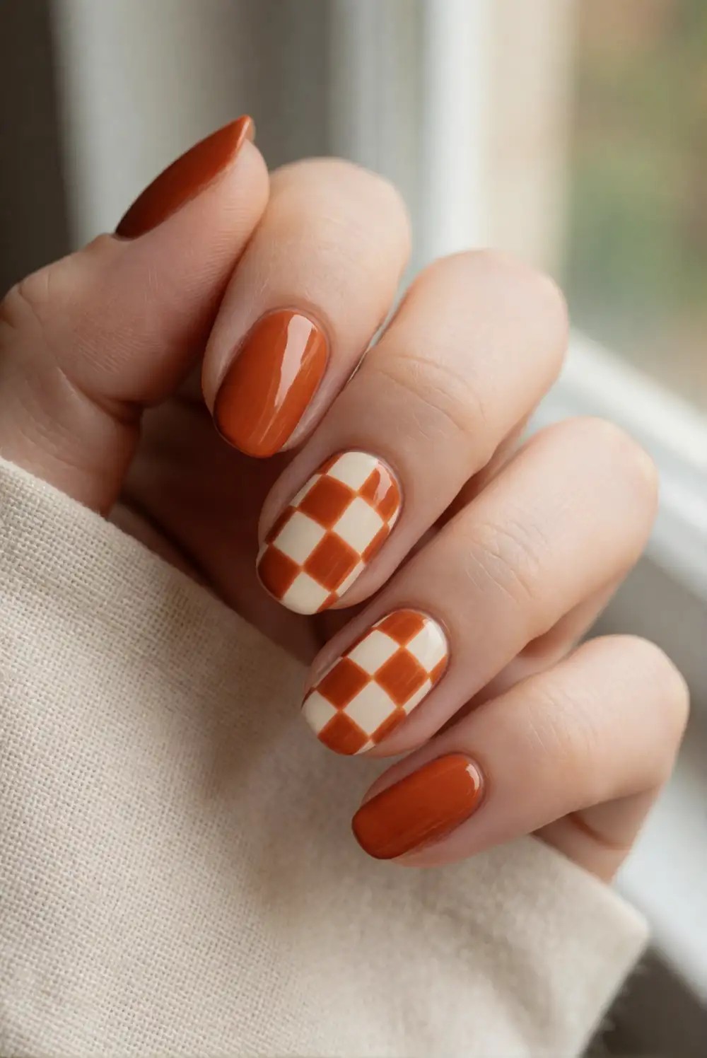 Burnt Orange and Cream Checkerboard Nails