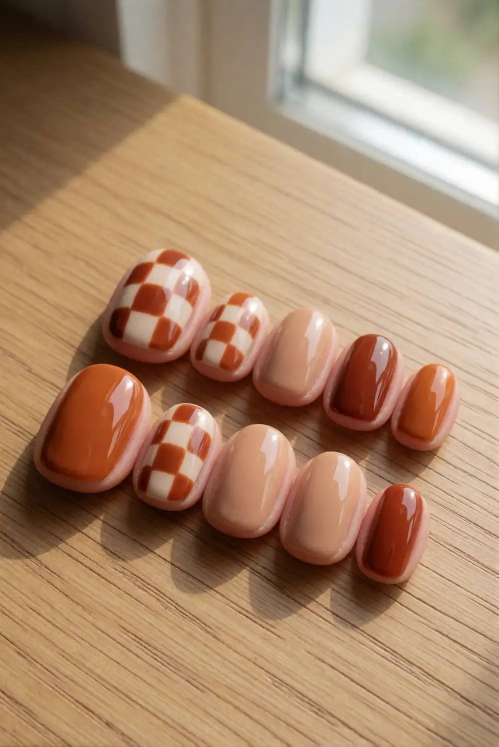 Burnt Orange Checkerboard Nails