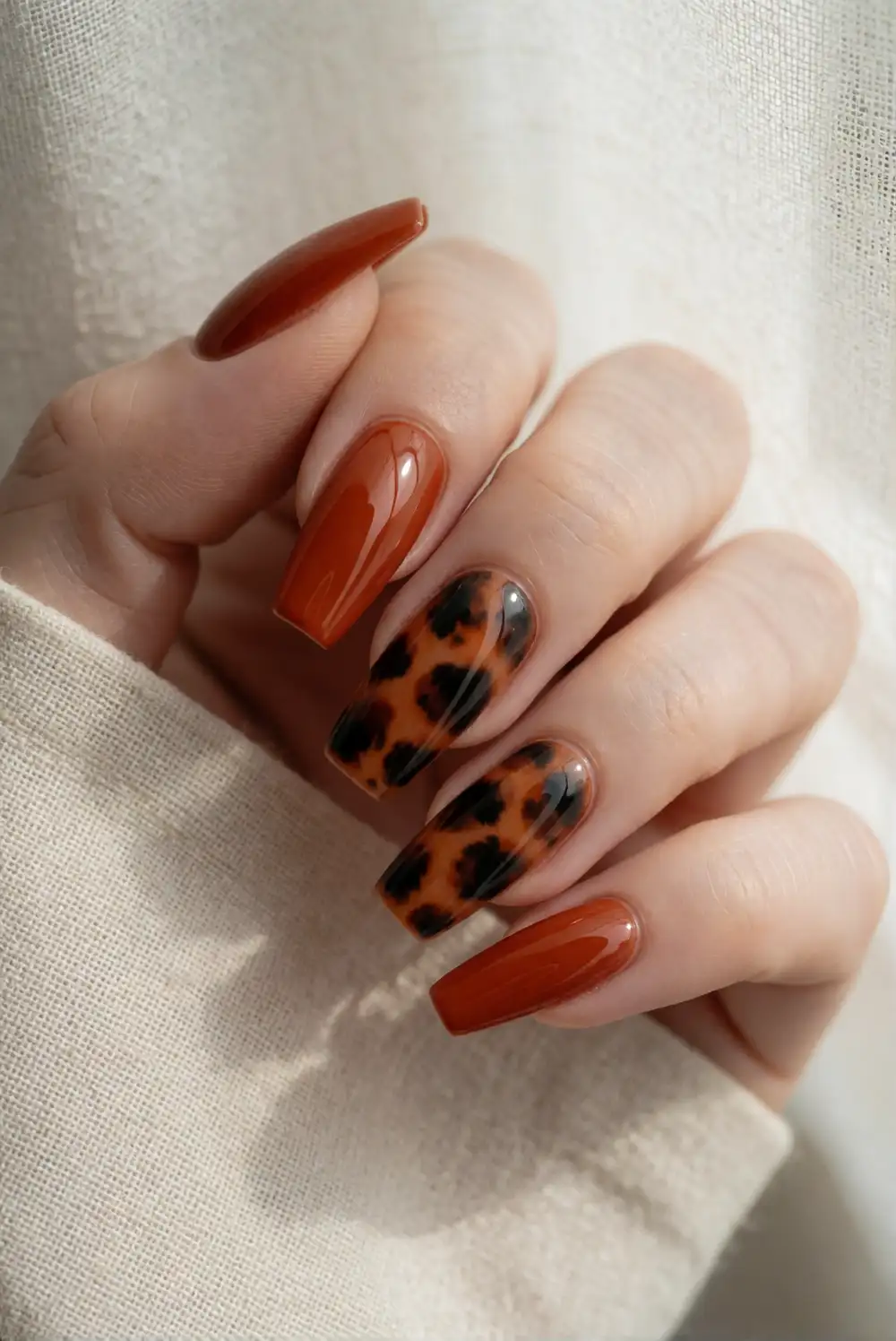 Burnt Orange Nails with Tortoiseshell Accents