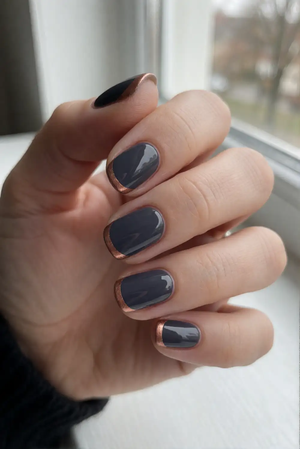 Charcoal Nails With Copper Crescent Accents