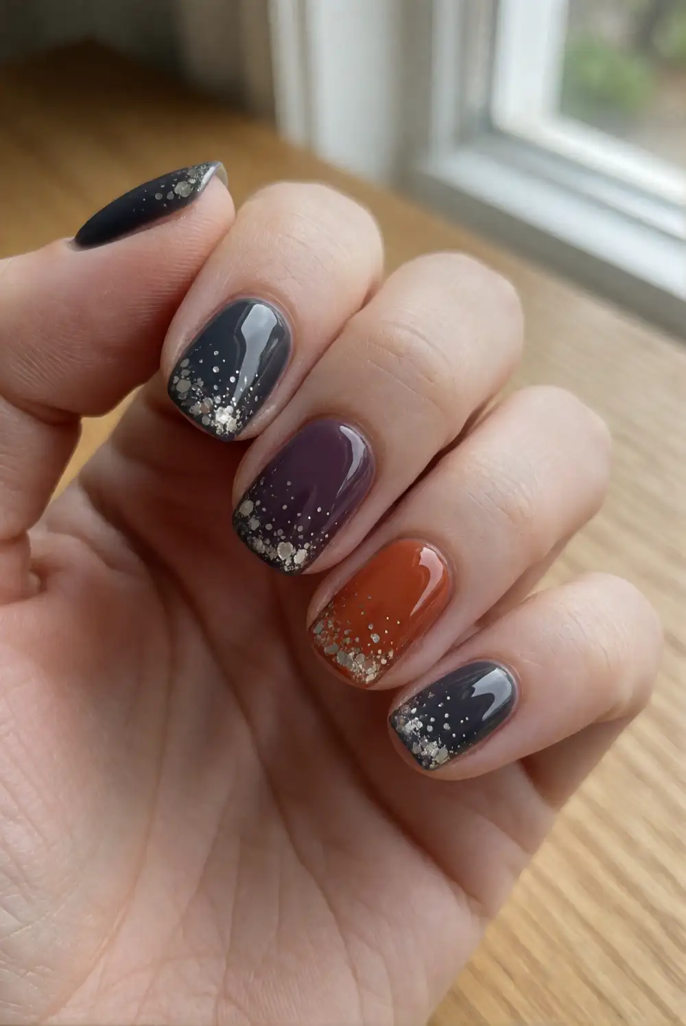 Charcoal Nails with Moonlit Silver Speckles