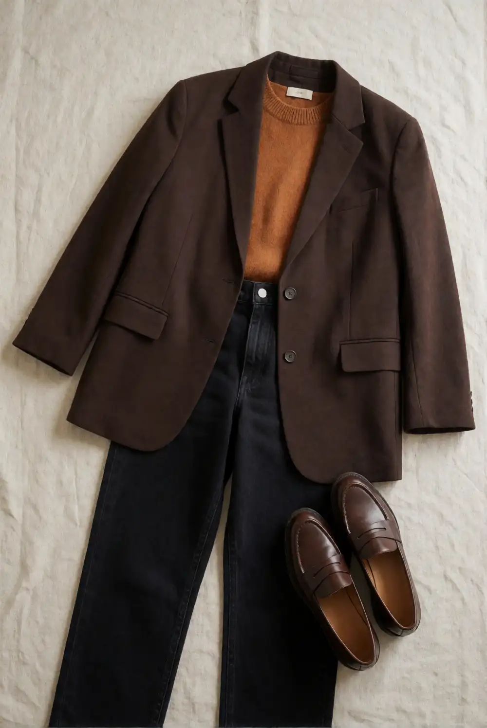 Chocolate Blazer with a Pumpkin Knit Top