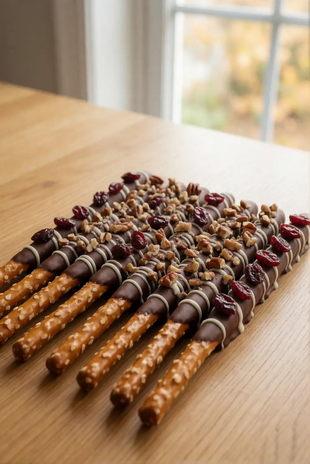 Chocolate-Dipped Pretzel Rods with Autumn Toppings