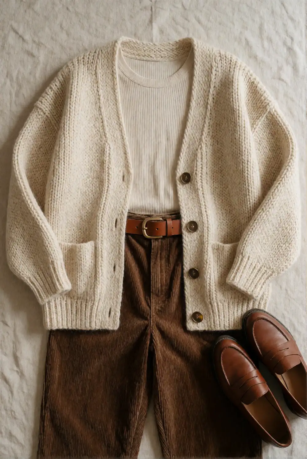 Chunky Cream Cardigan with Brown Corduroy Trousers