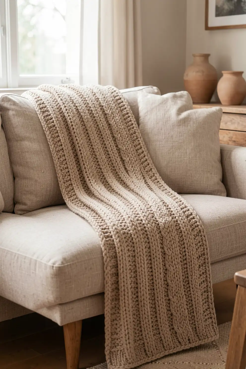 Chunky Ribbed Throw With Sleek Smooth Panels