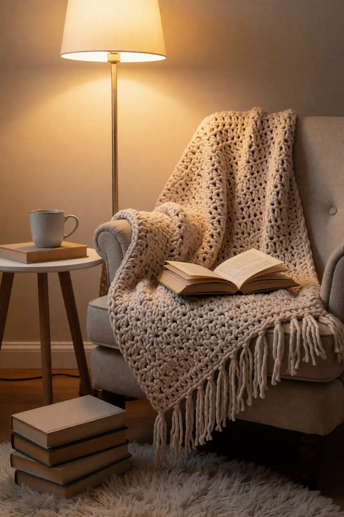 Chunky Stitches Beside a Reading Chair
